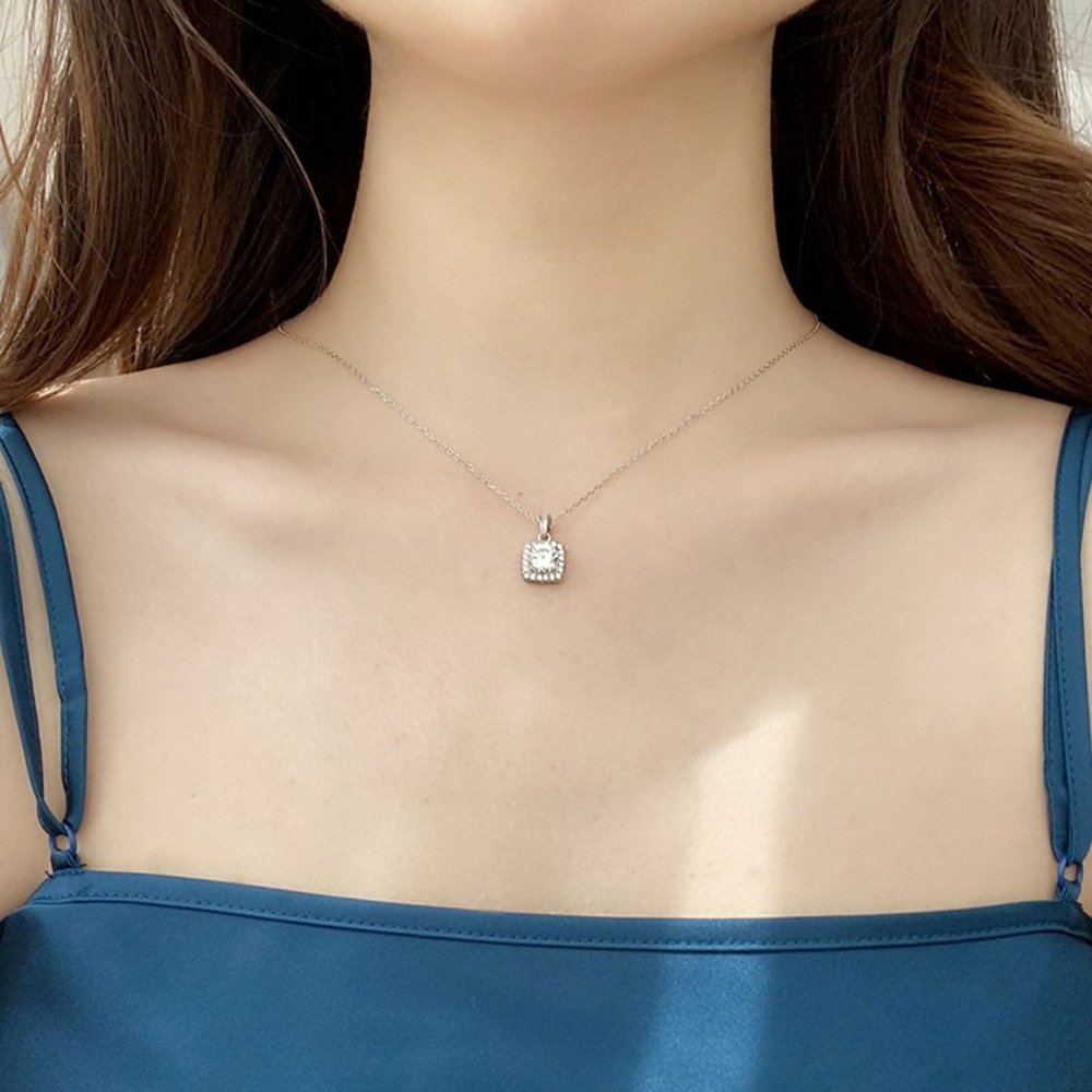 Certified 1ct. t.w. Moissanite Diamond Square Halo Pendant Necklace NEW - Picture 10 of 15